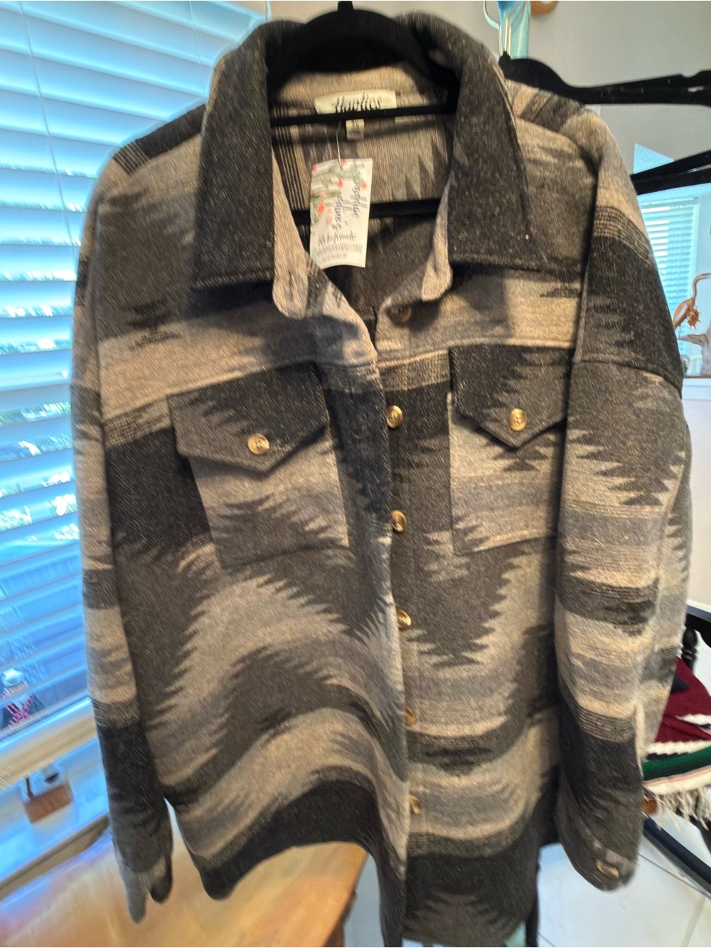 Unbranded Gray & Cream Patterned Utility Shacket with Gold Buttons